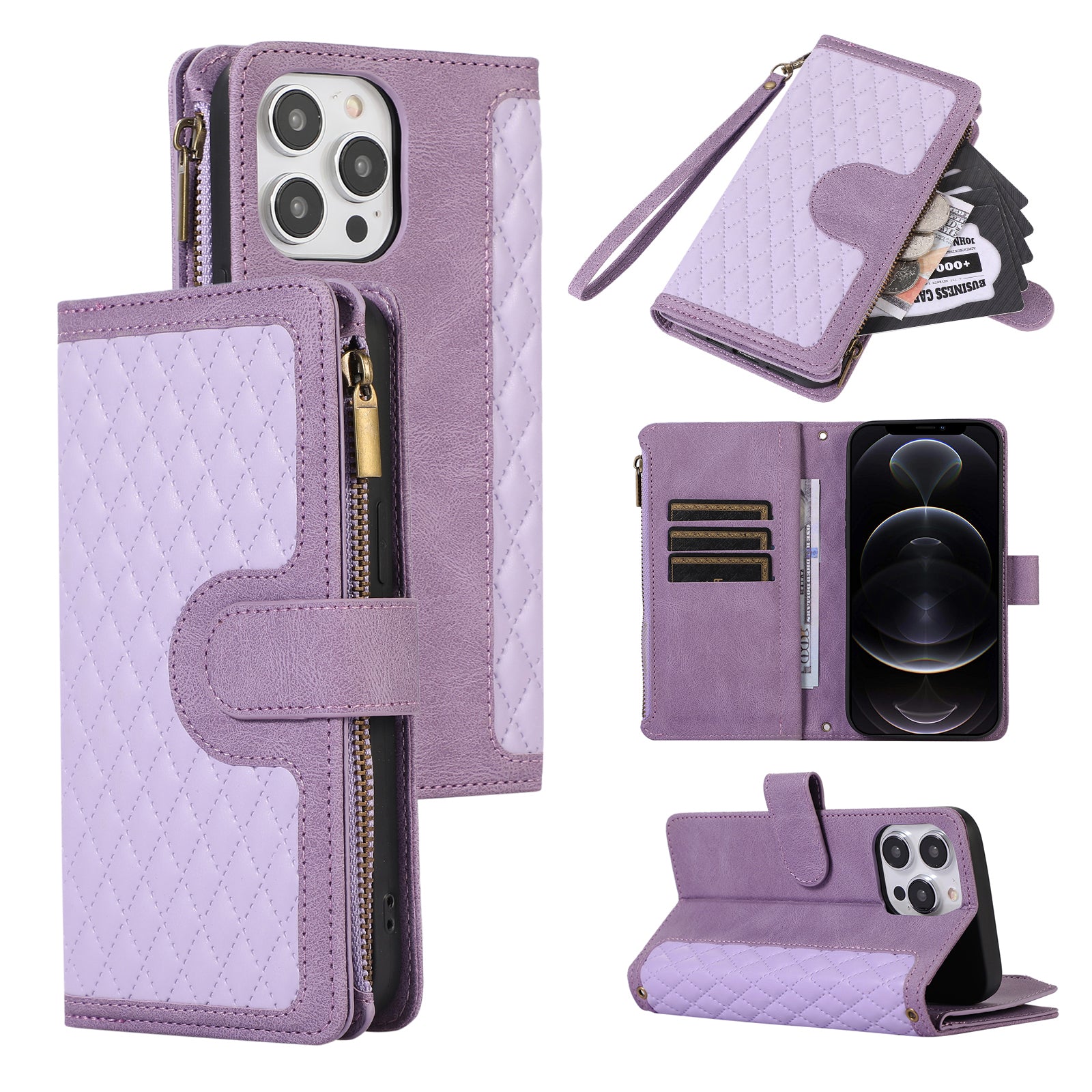 For iPhone 12 Pro Max 6.7 inch Leather Wallet Card Holder Phone Case Rhombus Imprinted Stand Cover with Zipper Pocket For iPhone 12 Pro Max 6.7 inch Leather Wallet Card Holder Phone Case Rhombus Imprinted Stand Cover with Zipper Pocket